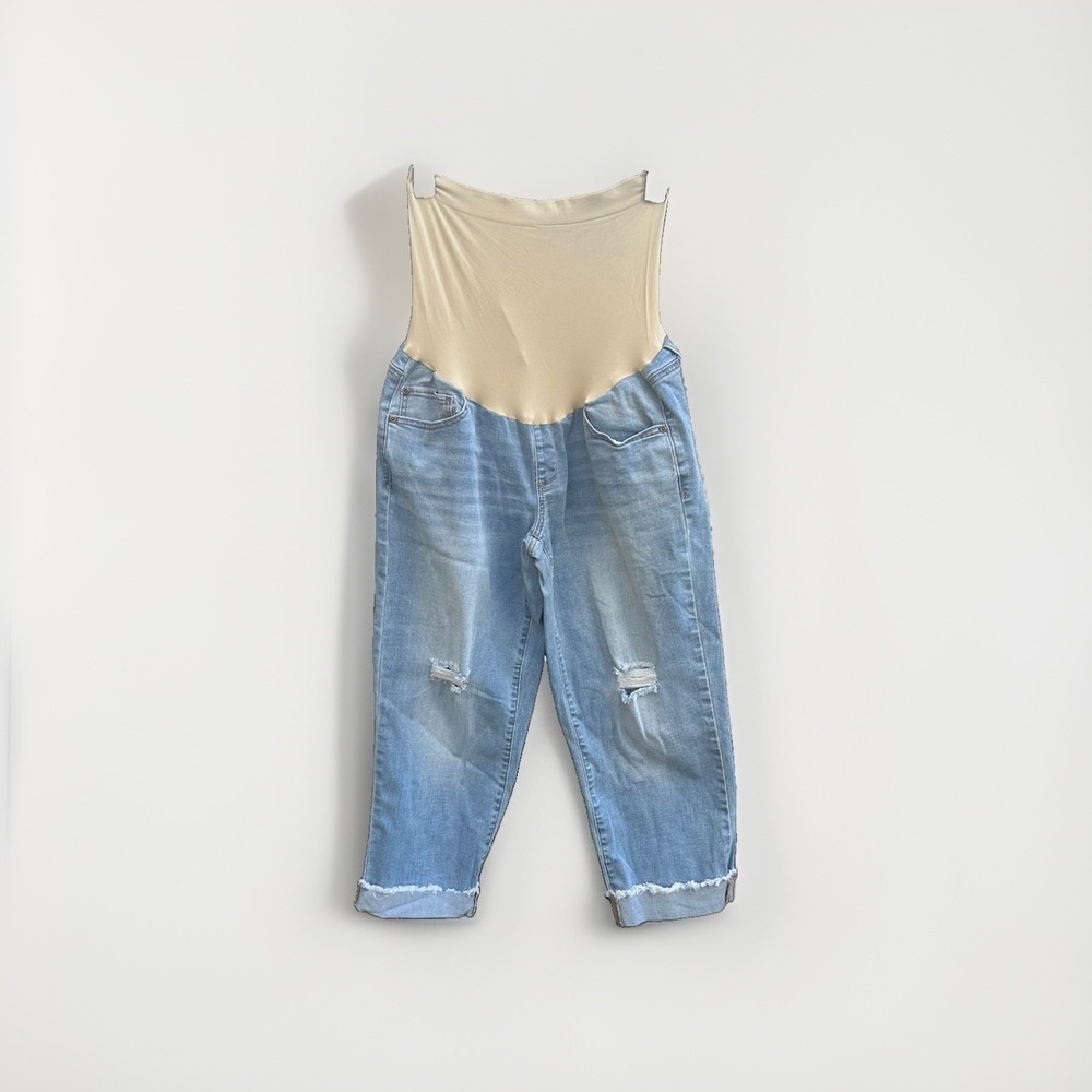 A:Glow Maternity Cropped Jeans Light Wash Distressed Full Belly Panel Size L